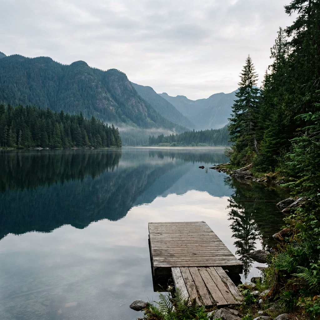 Wooden canoe and dock on a calm mountain lake