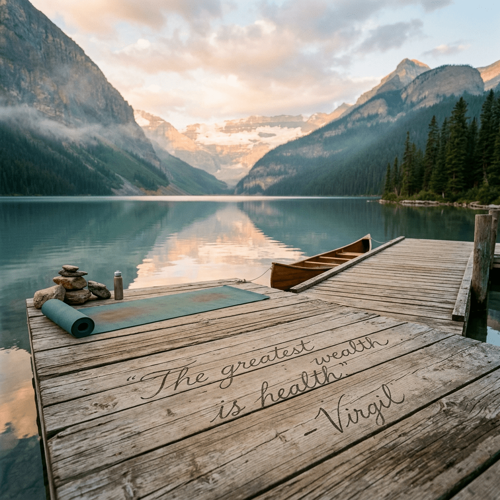 Mountain lake dock with yoga mat and text “The greatest wealth is health. – Virgil”